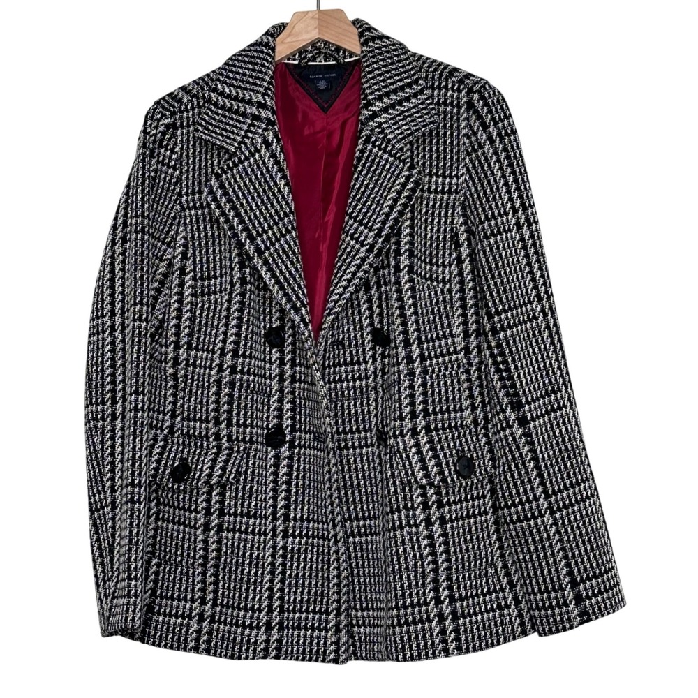 Tommy Hilfiger Womens Double Breasted Plaid Tweed Blazer Jacket Red Lining L